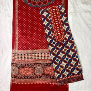 Ajrakh Cotton Dress Material – Crimson Red & Navy (ADM-01)