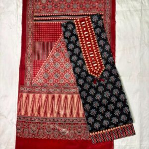 Ajrakh Cotton Dress Material – Classic Black & Red (ADM-10)