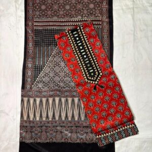 Ajrakh Cotton Dress Material – Vibrant Red & Black (ADM-12)