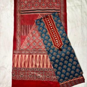 Ajrakh Cotton Dress Material – Navy Blue & Rust (ADM-13)