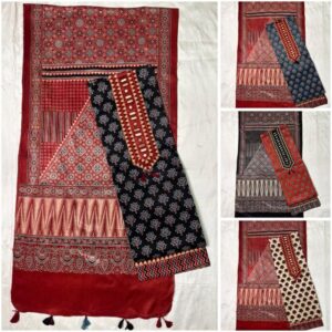 Ajrakh Cotton Dress Material – Black & Maroon (ADM-14)