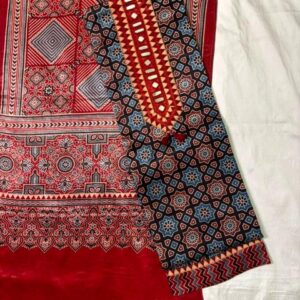 Ajrakh Cotton Dress Material – Charcoal Grey & Red (ADM-15)