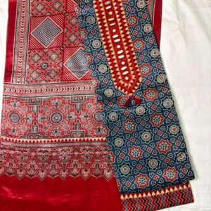 Ajrakh Cotton Dress Material – Deep Blue & Crimson (ADM-16)