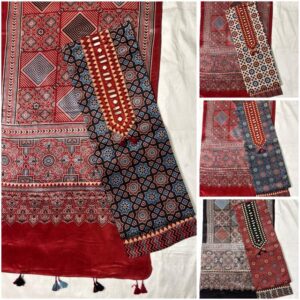 Ajrakh Cotton Dress Material – Slate Blue & Maroon (ADM-17)