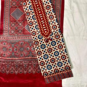 Ajrakh Cotton Dress Material – Traditional Red & Cream (ADM-18)