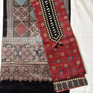 Ajrakh Cotton Dress Material – Classic Black & Red (ADM-19)