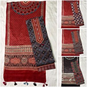 Ajrakh Cotton Dress Material – Maroon & Indigo (ADM-02)
