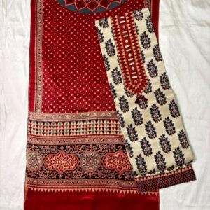 Ajrakh Cotton Dress Material – Heritage Cream & Red (ADM-20)