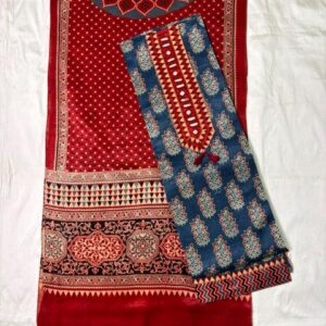 Ajrakh Cotton Dress Material – Indigo Blue & Red (ADM-21)