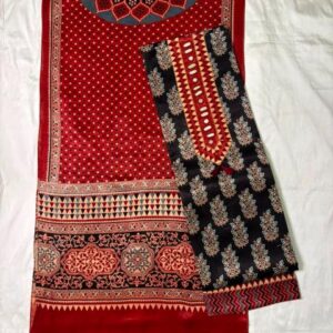 Ajrakh Cotton Dress Material – Jet Black & Crimson (ADM-22)