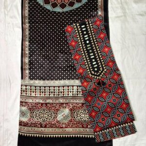Ajrakh Cotton Dress Material – Charcoal Black & Red (ADM-04)