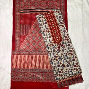 Ajrakh Cotton Dress Material – Traditional Red & Off-White (ADM-06)