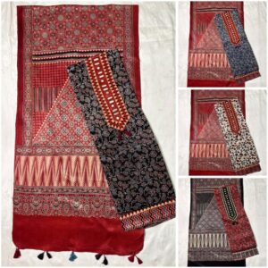 Ajrakh Cotton Dress Material – Royal Red & Slate Blue (ADM-07)