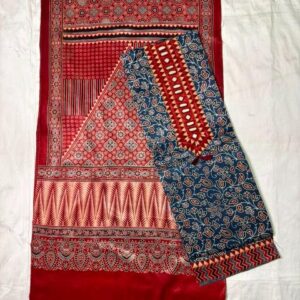 Ajrakh Cotton Dress Material – Brick Red & Indigo (ADM-08)