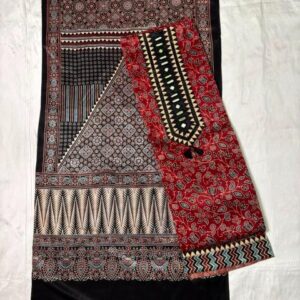 Ajrakh Cotton Dress Material – Wine Red & Charcoal (ADM-09)