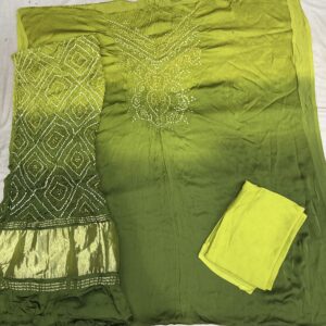 Ombre Shaded Bandhani Dress Material – Olive & Lime Green (OSD-09)
